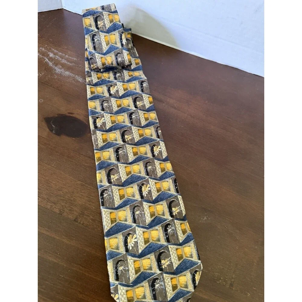 Ermenegildo Zegna Silk Tie Blue & Yellow ~ Art Deco / Architectural 3-D